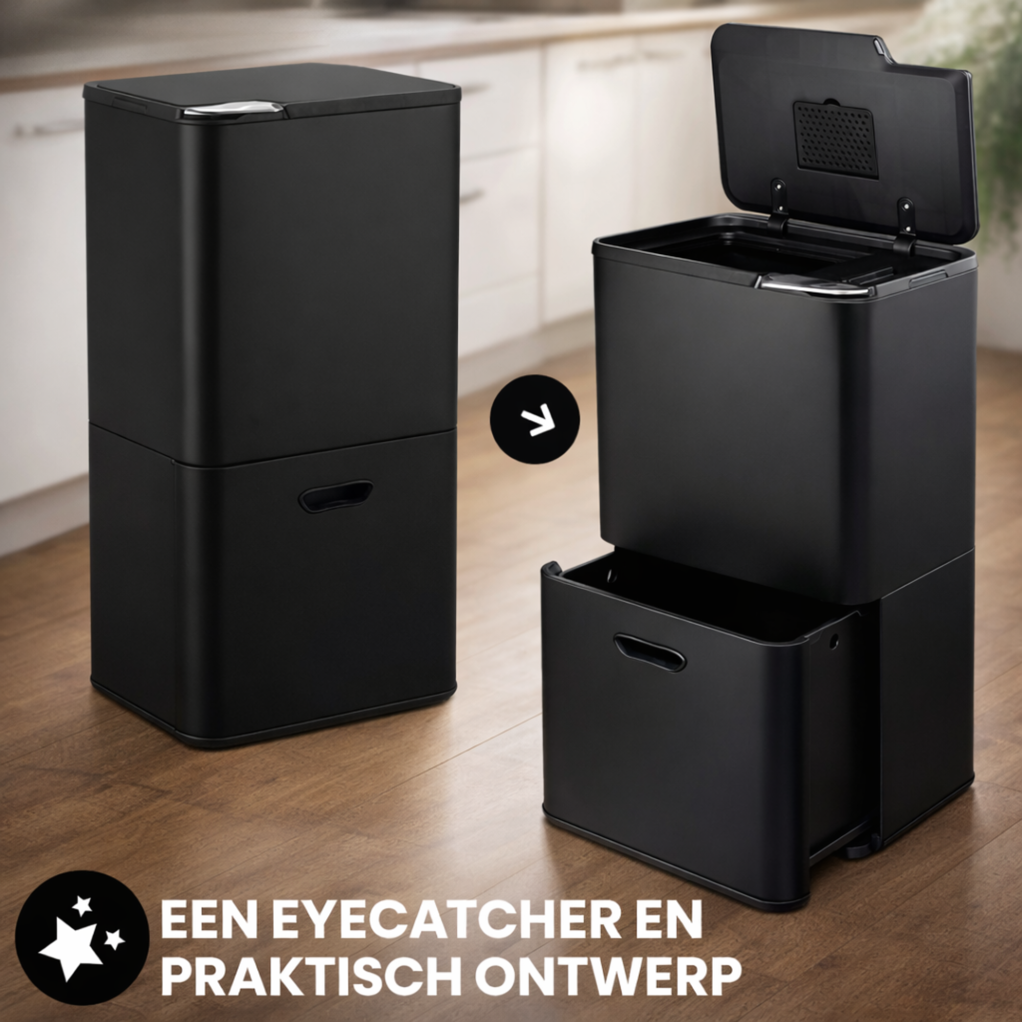 Bayt Prullenbak 60 liter - 2 compartimenten - Zwart - Baytliving