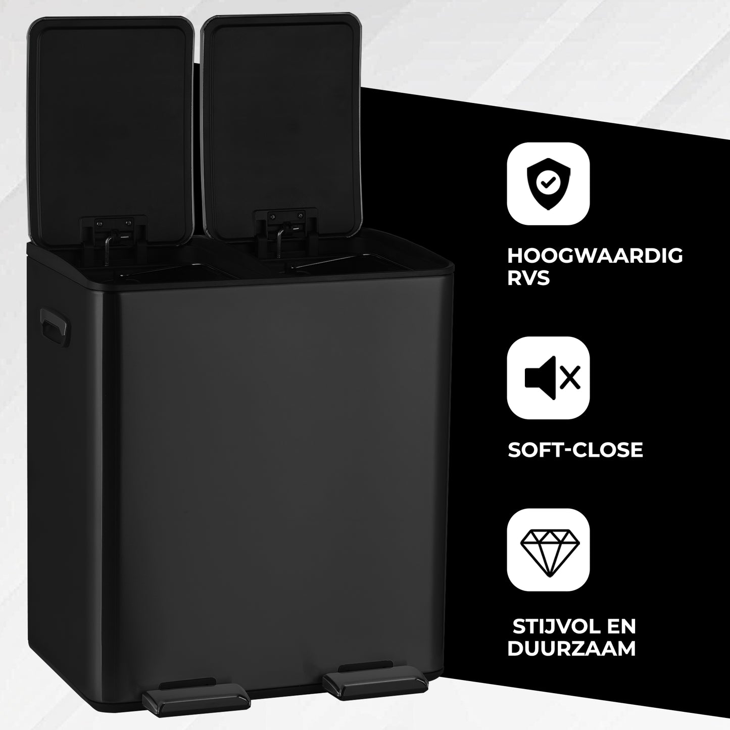 Bayt Prullenbak 60 liter - 2x30L Pedaalprullenbak - Zwart
