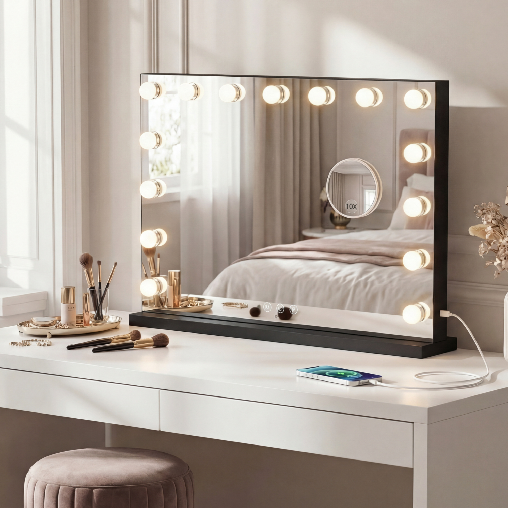 Hollywood Spiegel 58 x 46 cm met 10x Vergroting - Zwart - Baytliving
