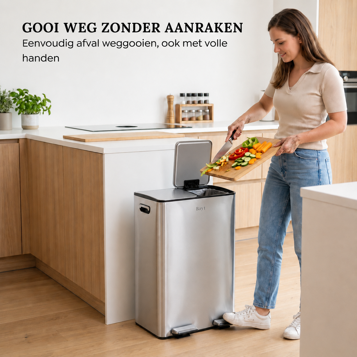 Vrouw gooit groenteafval handsfree weg in een chrome Bayt pedaalemmer van 60 liter in een moderne keuken.