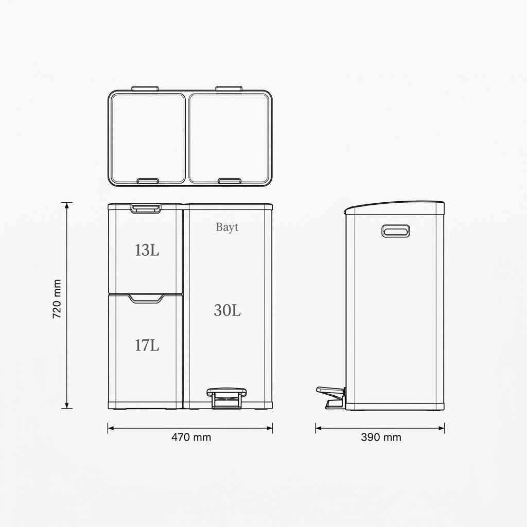 Technische tekening van Bayt prullenbak met 3 compartimenten (13L, 17L en 30L) met afmetingen 720 x 470 x 390 mm