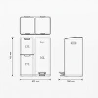Technische tekening van Bayt prullenbak met 3 compartimenten (13L, 17L en 30L) met afmetingen 720 x 470 x 390 mm