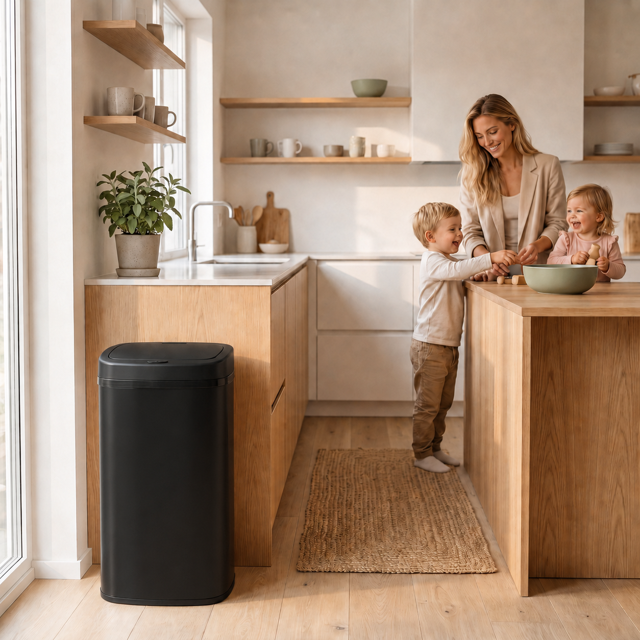 Zwarte Bayt prullenbak van 60 liter in een moderne keuken met een moeder en twee kinderen.