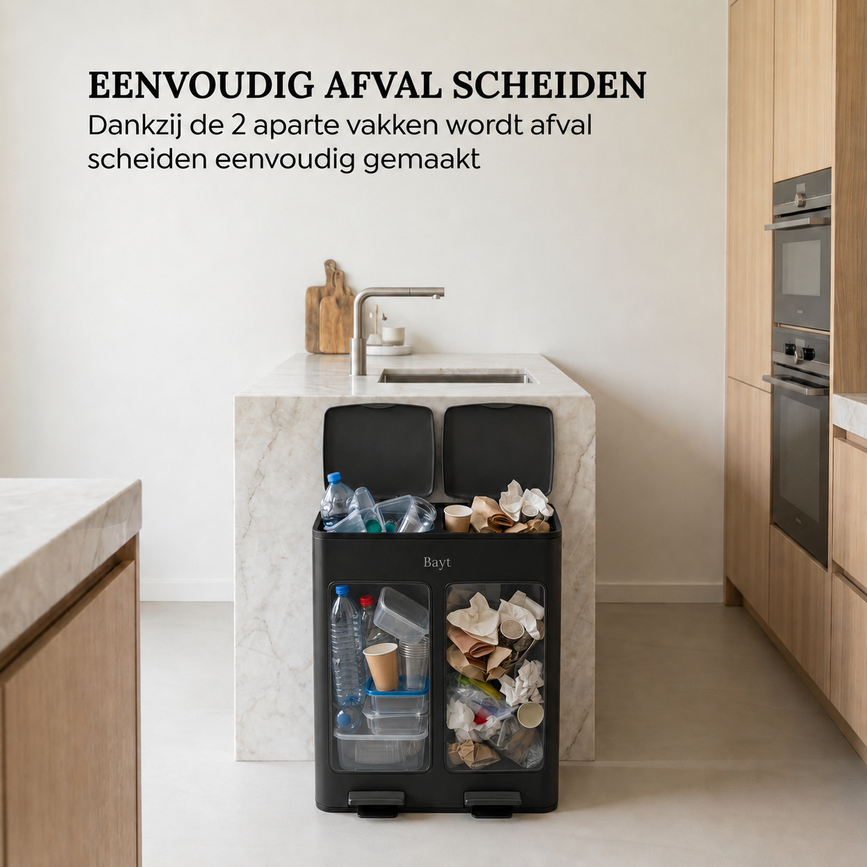 Chrome Bayt prullenbak met twee aparte vakken voor eenvoudig afval scheiden in een moderne keuken.