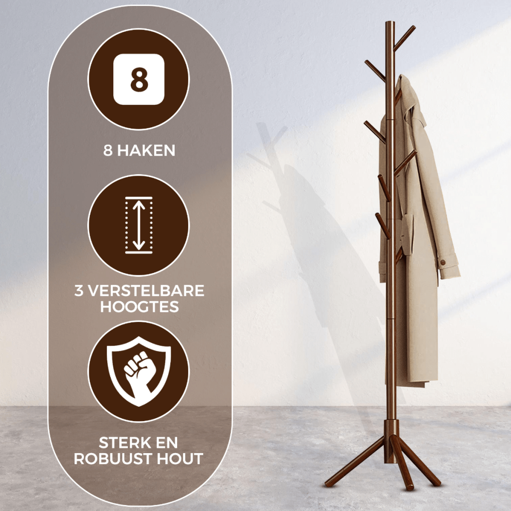 Bayt Staande Kapstok Hout 8 Haken – Bruin - Baytliving