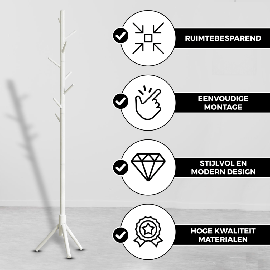 Bayt Staande Kapstok Hout 8 Haken- Wit - Baytliving