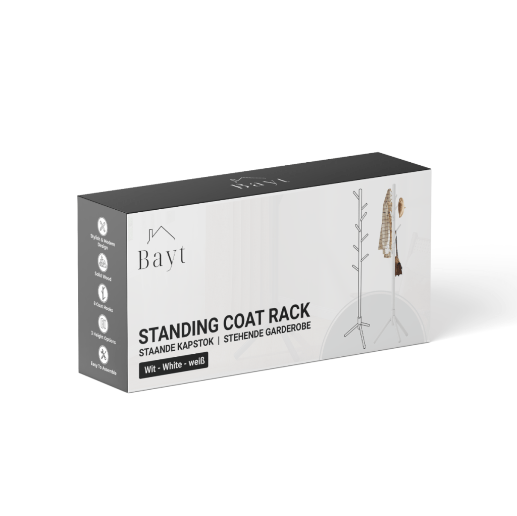 Bayt Staande Kapstok Hout 8 Haken- Wit - Baytliving