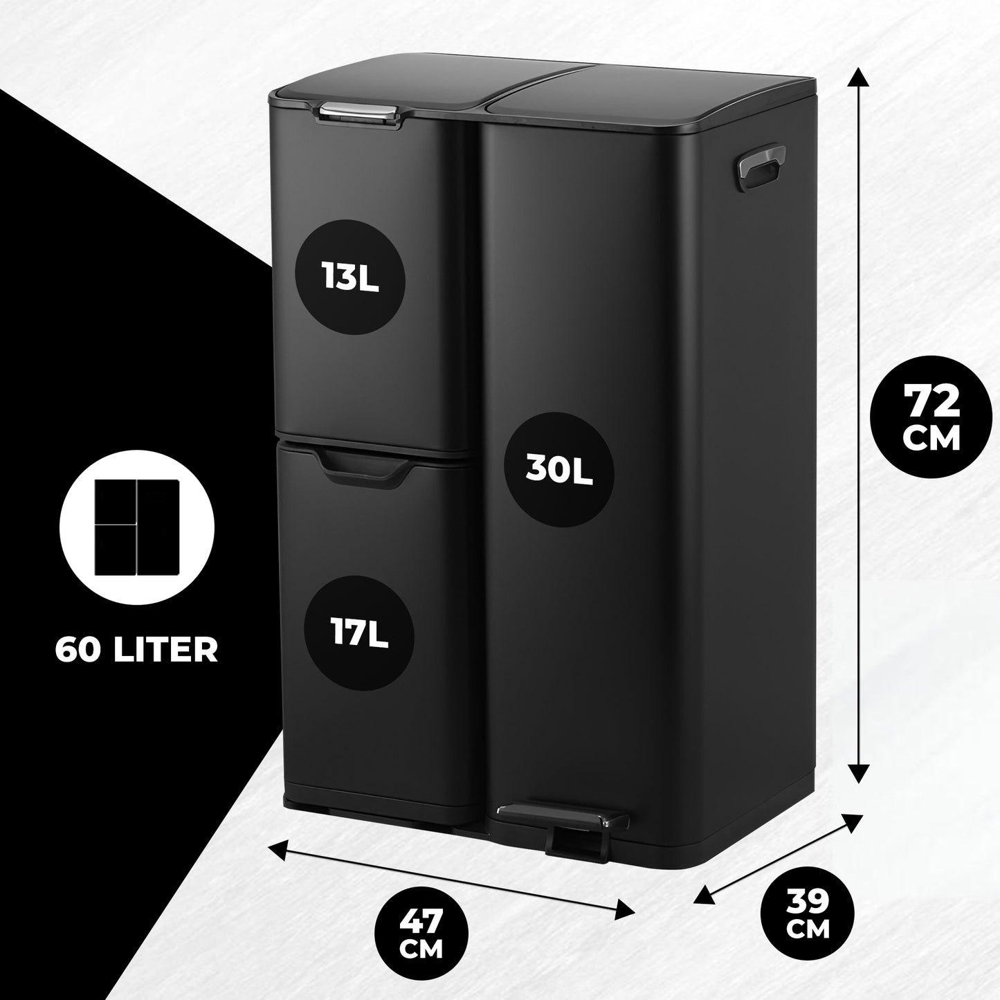 Bayt Prullenbak 60 liter - 3 compartimenten - Zwart -Outlet