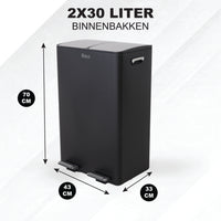 Bayt Prullenbak 60 liter - 2x30L Pedaalprullenbak - Zwart/Zilver - Outlet - Baytliving