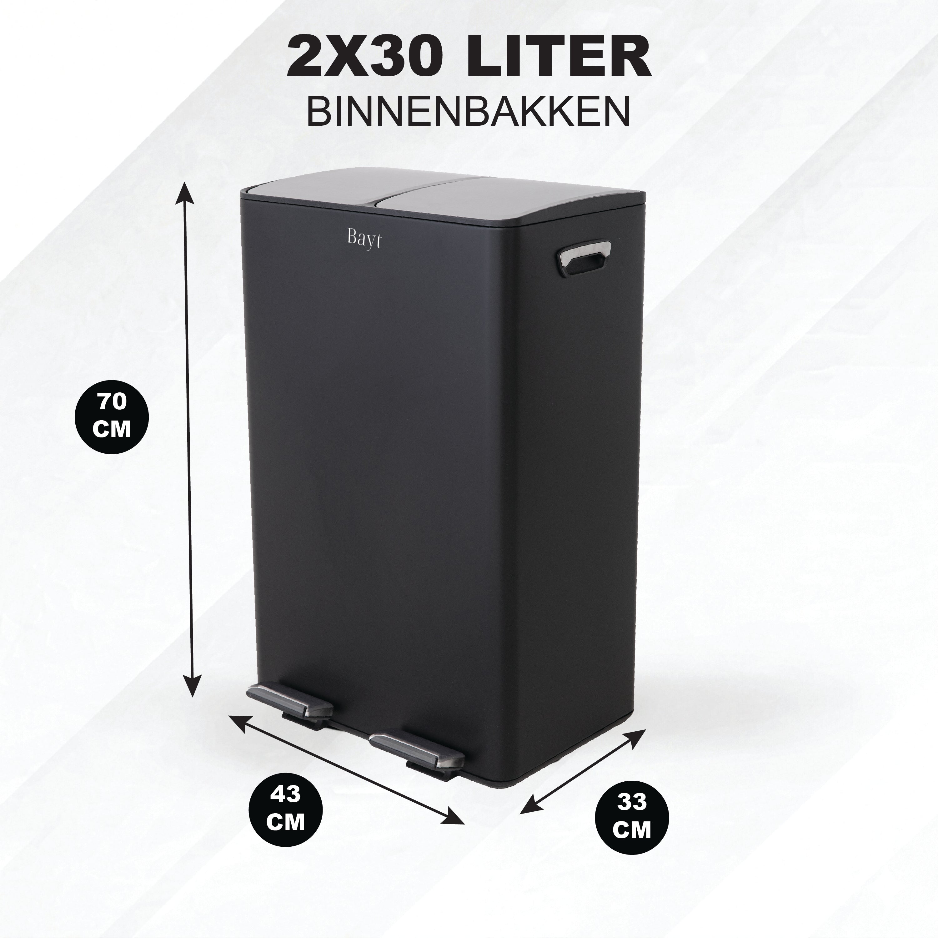 Bayt Prullenbak 60 liter - 2x30L Pedaalprullenbak - Zwart/Zilver - Outlet - Baytliving