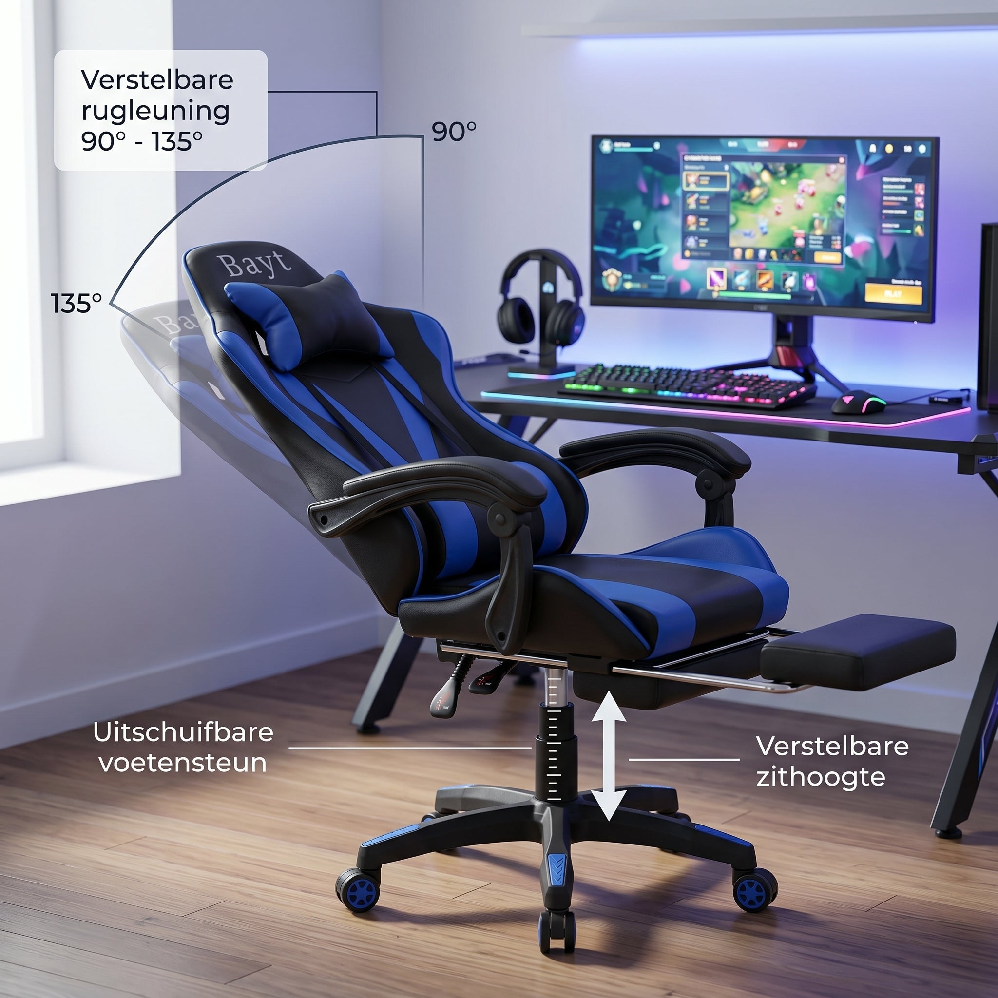 Gamestoel met Voetensteun - Verstelbaar - Marineblauw - Baytliving