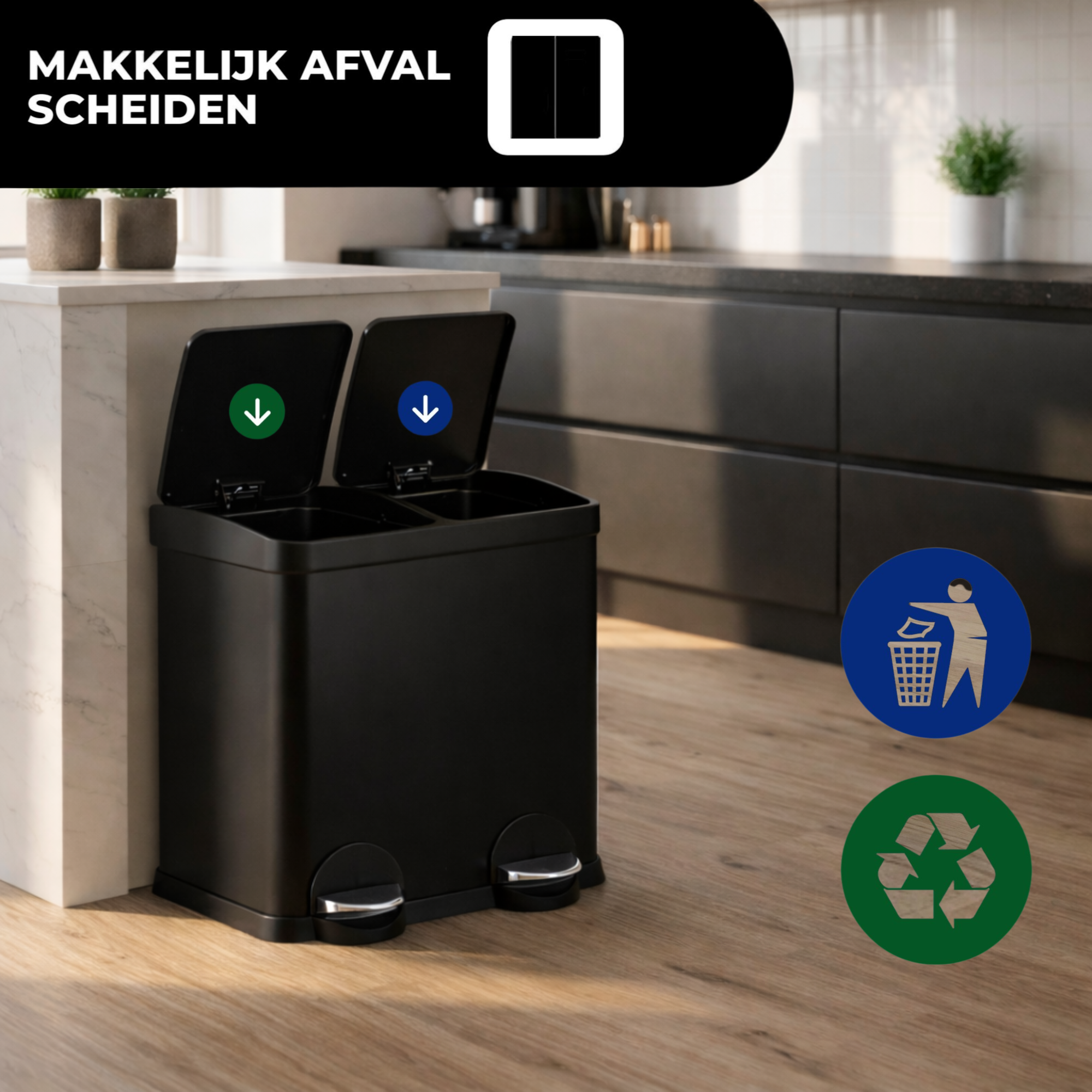 Prullenbak 2x15 Liter met Pedaalbediening - Zwart - Baytliving