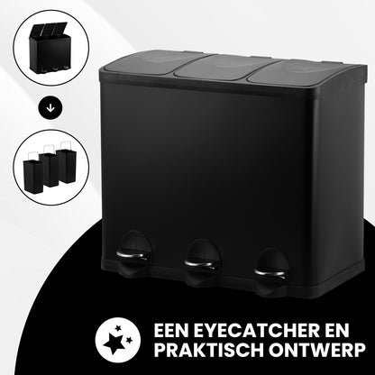 Bayt Prullenbak 45 liter - 3x15L Pedaalprullenbak - Zwart